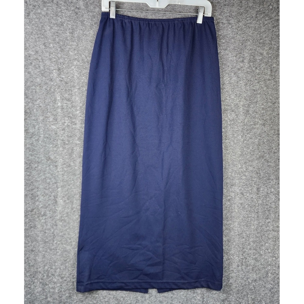 Vintage Studio Maxi Skirt Women Large Navy Blue Elastic Waist Back Vent C836
